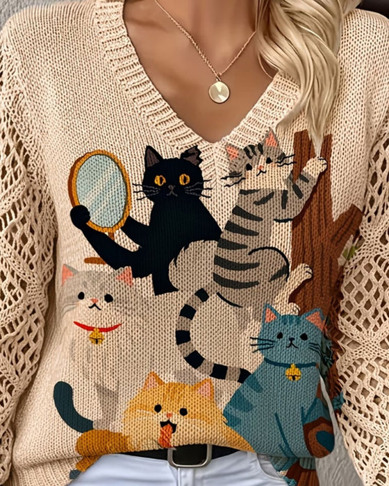 Pullover V-Ausschnitt Ausgeschnitten Cartoon Katze Druck
