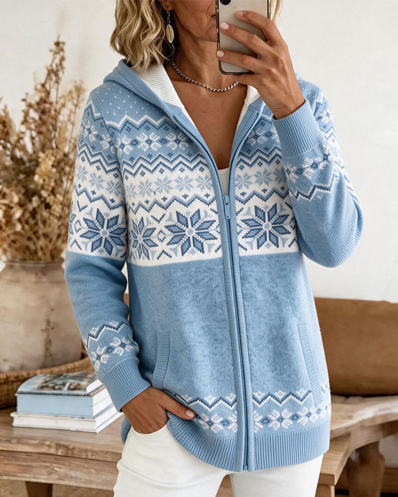 Strickjacke Mit Kapuze Reißverschluss Schneeflocke Druck