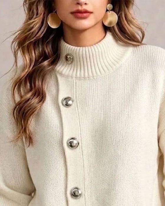 Pullover Rollkragen Diagonaler Knopf Lässig