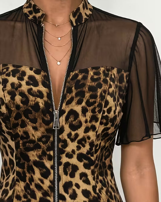 Bluse Leopard Patchwork Mandarin Kragen Reißverschluss