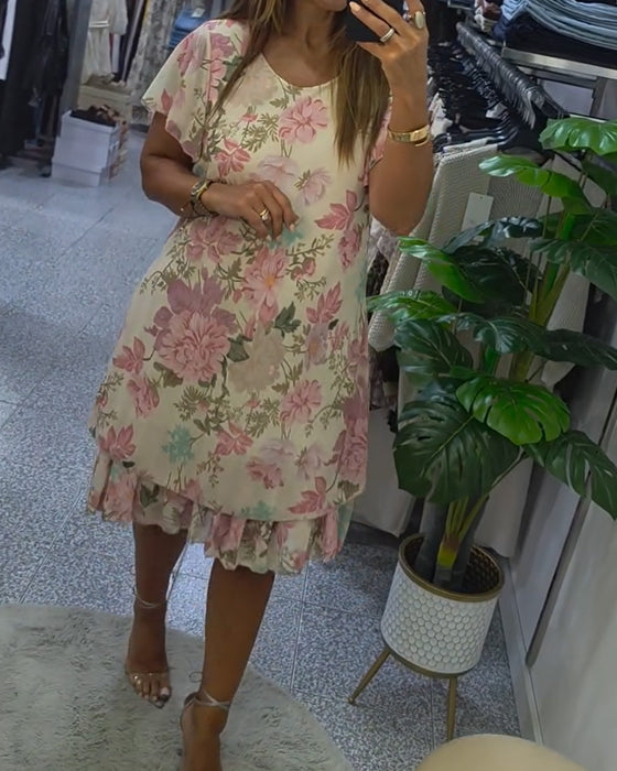 Kleid Rundhals Blumig Doppelte Schicht