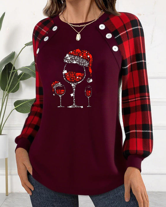 Sweatshirt Weinglas Druck kariert