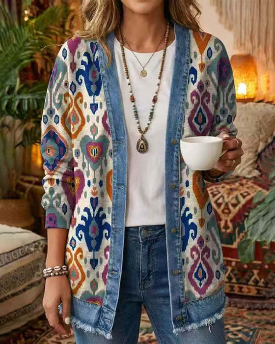 Mantel Bohemian Denim Patchwork Blumig
