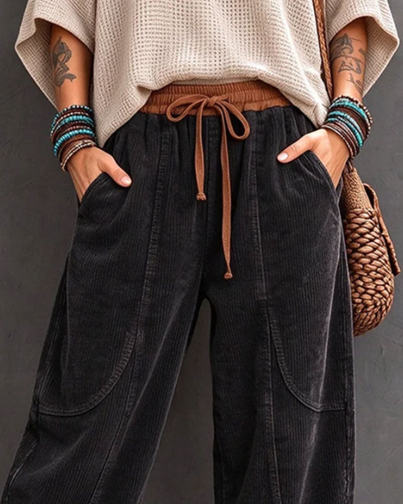 Hose Gummizug Taille Farbblock Cropped Weites Bein
