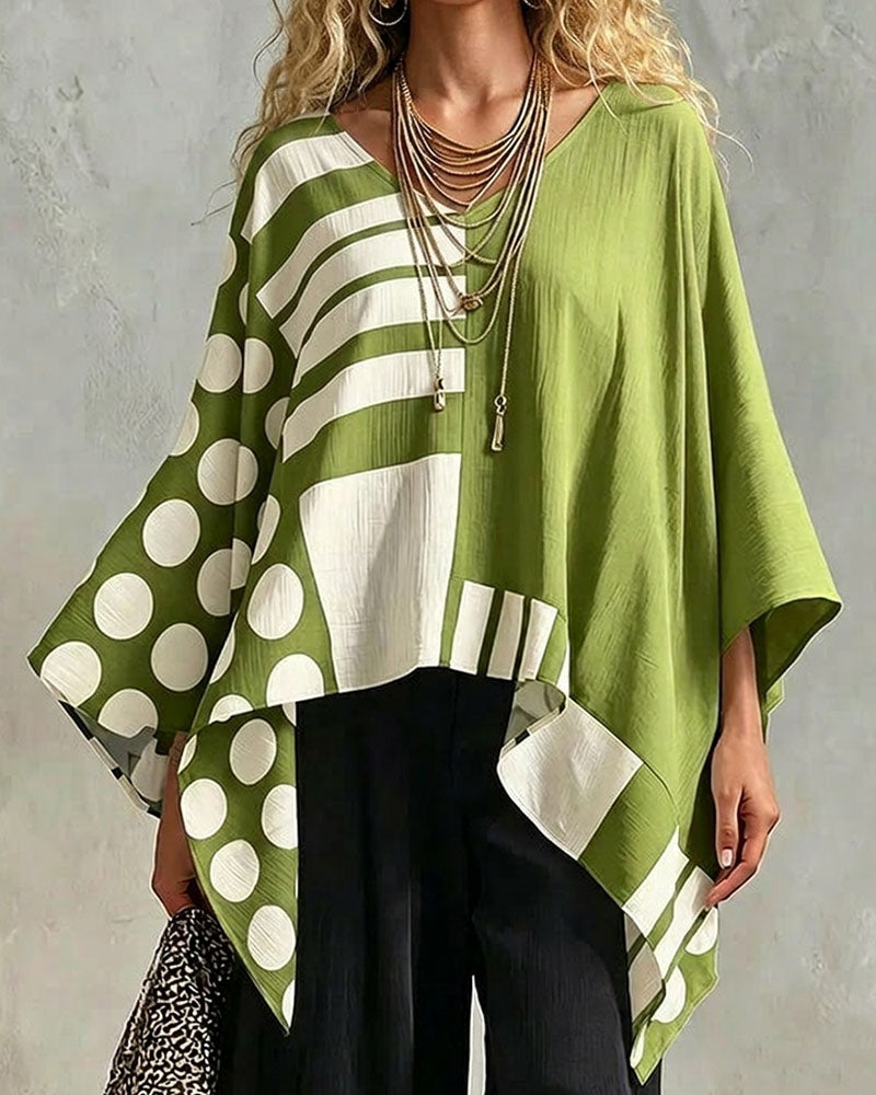 Bluse Polka Dot Streifen Patchwork V Ausschnitt