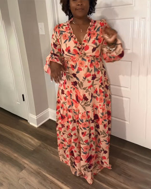 Kleid V-Ausschnitt Lange Ärmel Blumenmuster