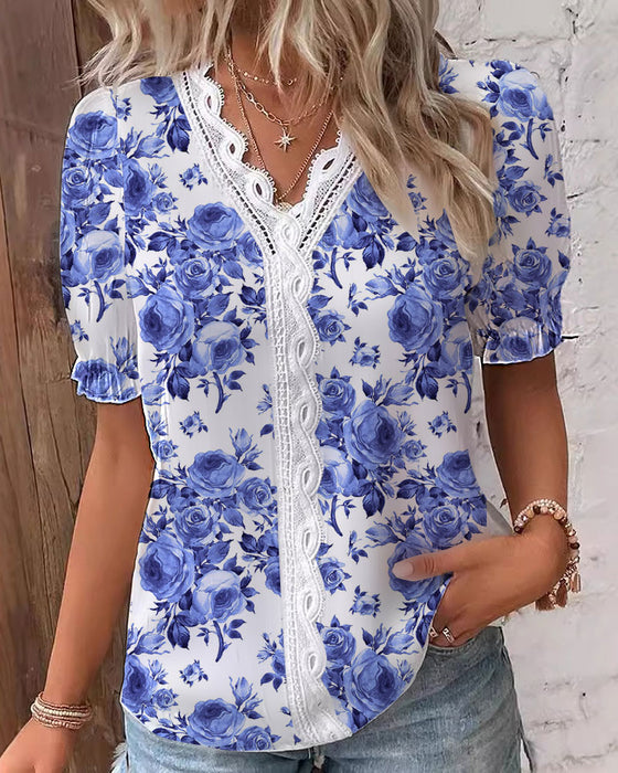 Bluse Puffärmel Rosenprint