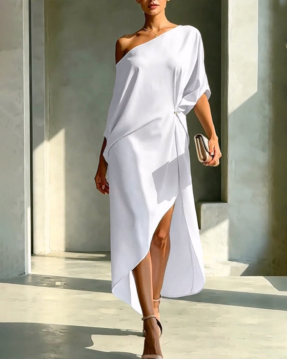 Kleid Off-Shoulder Gerafft Unregelmäßig Einfarbig