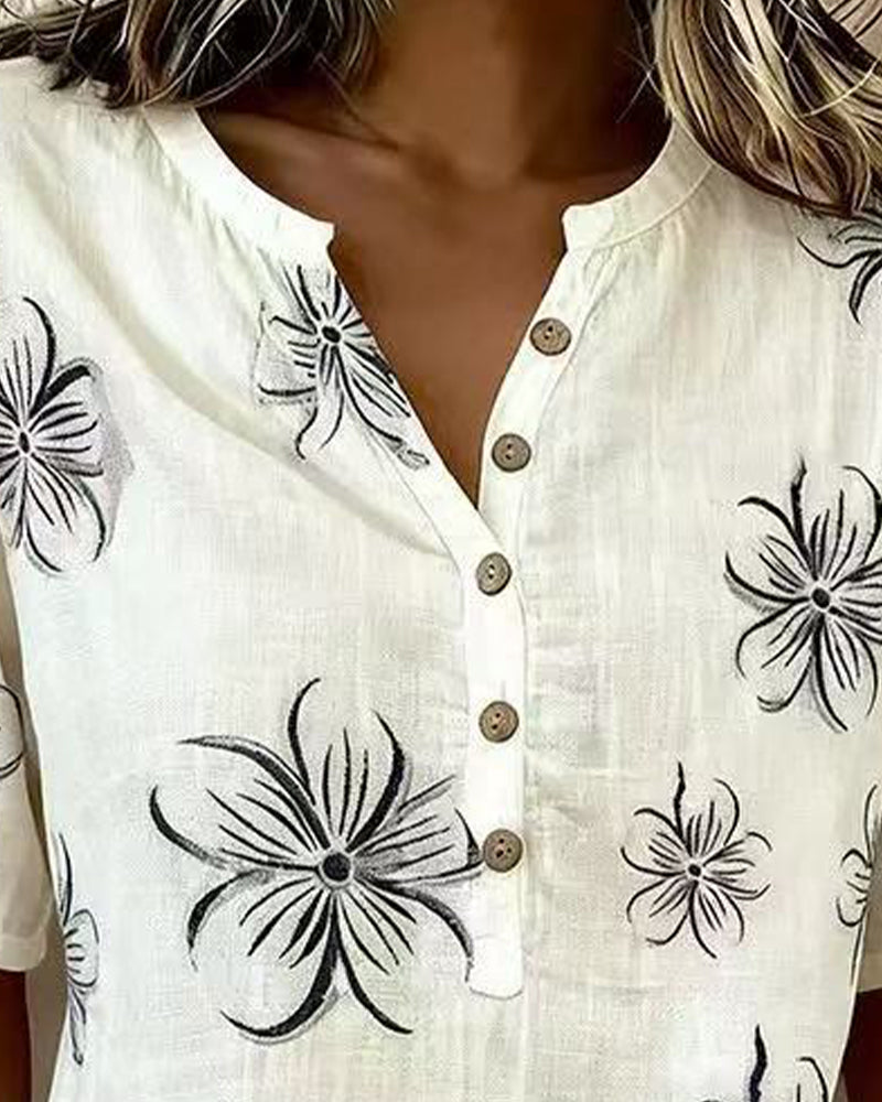 Bluse Rundhals Knopfleiste Blumen Freizeit