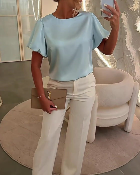 Blusen Satin Kurzarm Drapierung