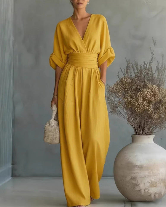 Jumpsuit V-Ausschnitt Kreuz Tailliert Breites Bein