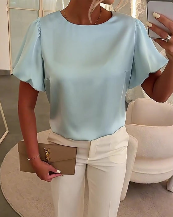 Blusen Satin Kurzarm Drapierung
