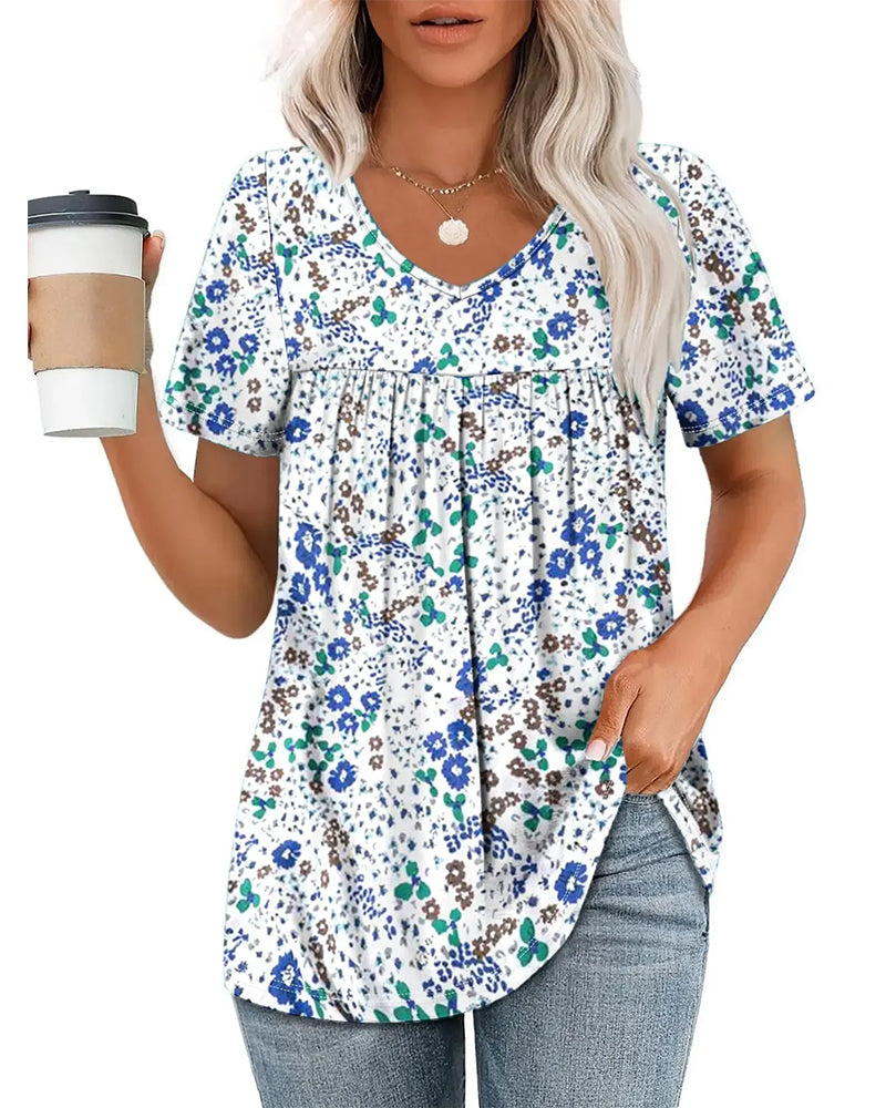 Bluse Blumenmuster V-Ausschnitt Kurzarm
