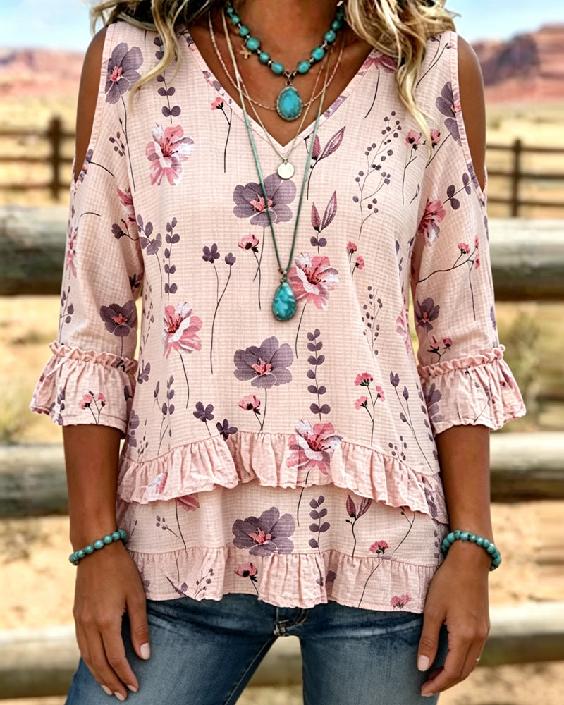 Bluse Blumenmuster Schulterfrei Rüschenärmel