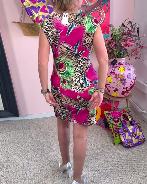 Kleid V-Ausschnitt Wickeloptik Leopardenmuster