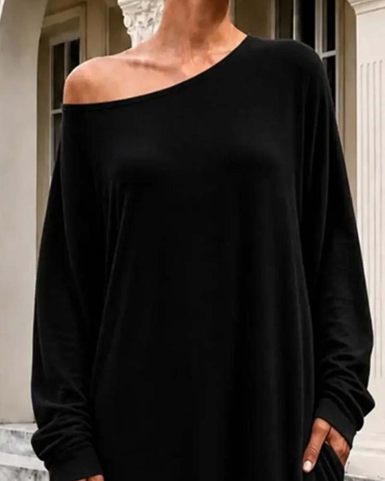 Kleid Asymmetrisch Off-Shoulder Langarm Tasche Maxi