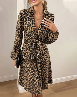 Kleid Leopardenmuster Revers Taille Riemen Hemd