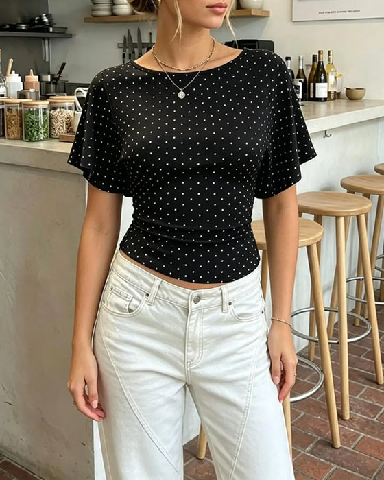 T-Shirt Pünktchen Tailliert Rundhals Kurzer Ärmel
