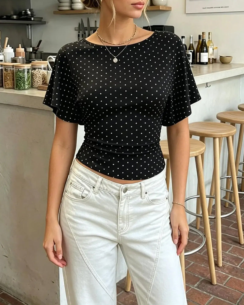 T-Shirt Pünktchen Tailliert Rundhals Kurzer Ärmel