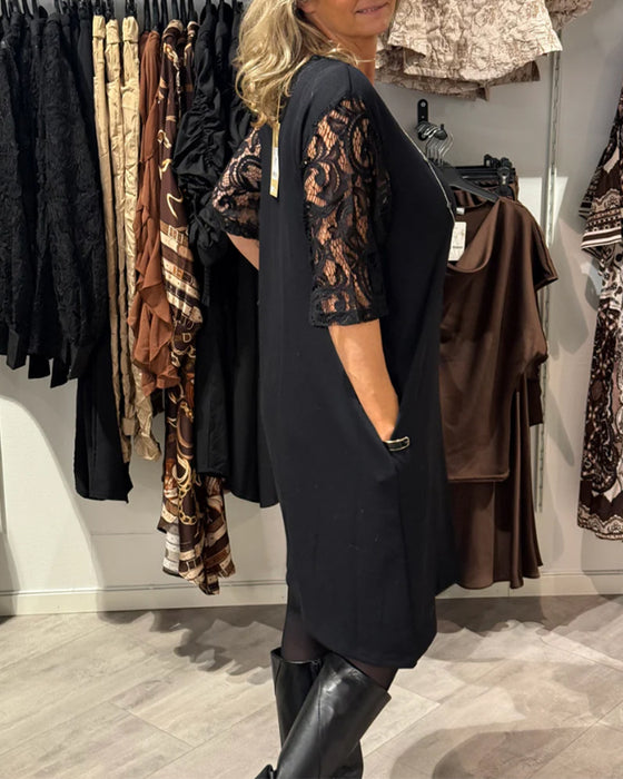 Kleid Stilvoller V-Ausschnitt Kleid Mit Spitzenärmeln