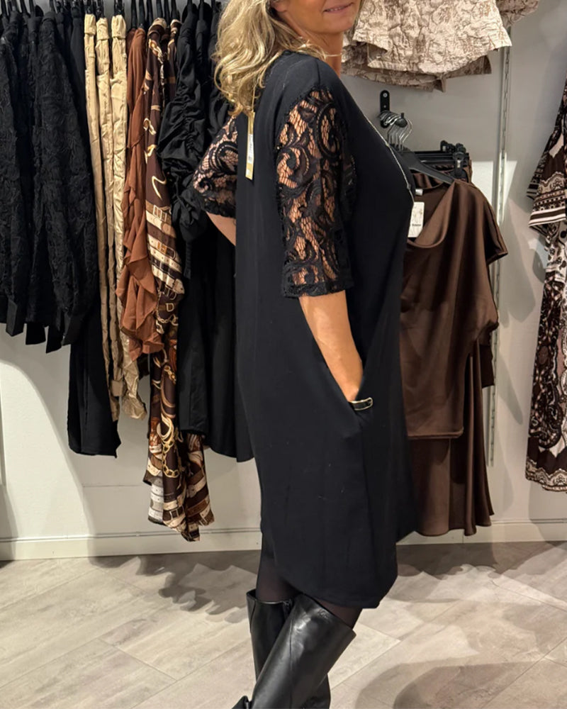 Kleid Stilvoller V-Ausschnitt Kleid Mit Spitzenärmeln