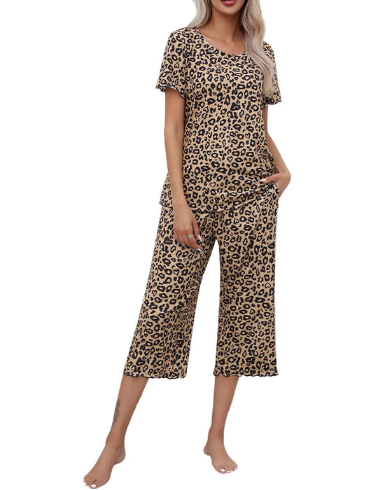 Set Runder Hals Leopard Druck Kurze Ärmel Sieben-Punkt-Hose