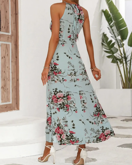 Kleid Halterneck Schlitz Tailliert Blumenmuster