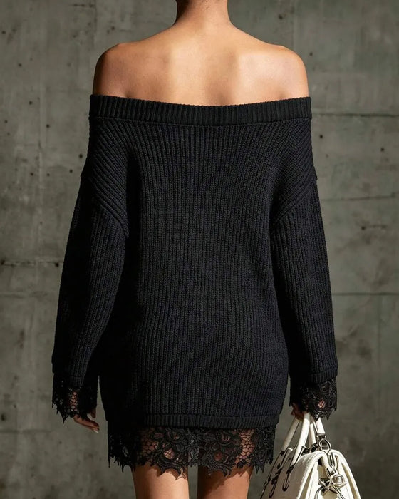 Pulloverkleid Off-Shoulder Gerippt Spitze Patchwork