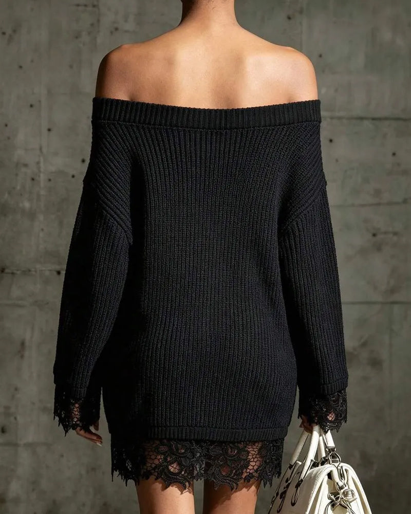 Pulloverkleid Off-Shoulder Gerippt Spitze Patchwork
