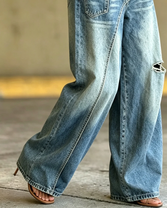 Hose Unregelmäßig Zerrissene Denim Lang