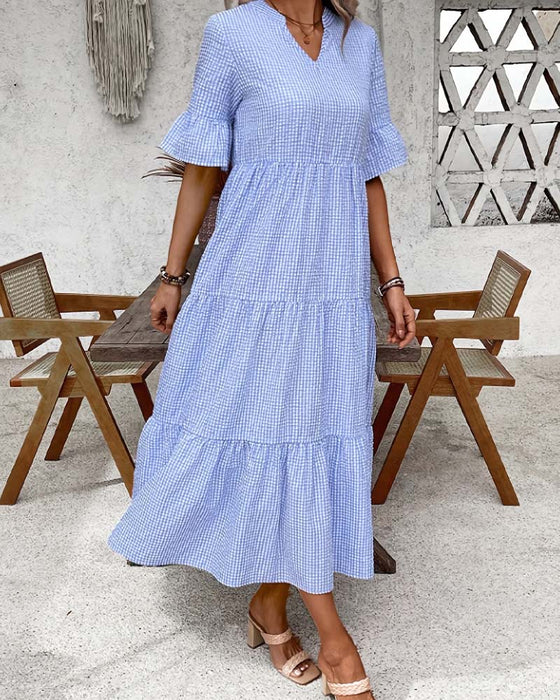 Kleid Blau Weiß Gingham V-Ausschnitt
