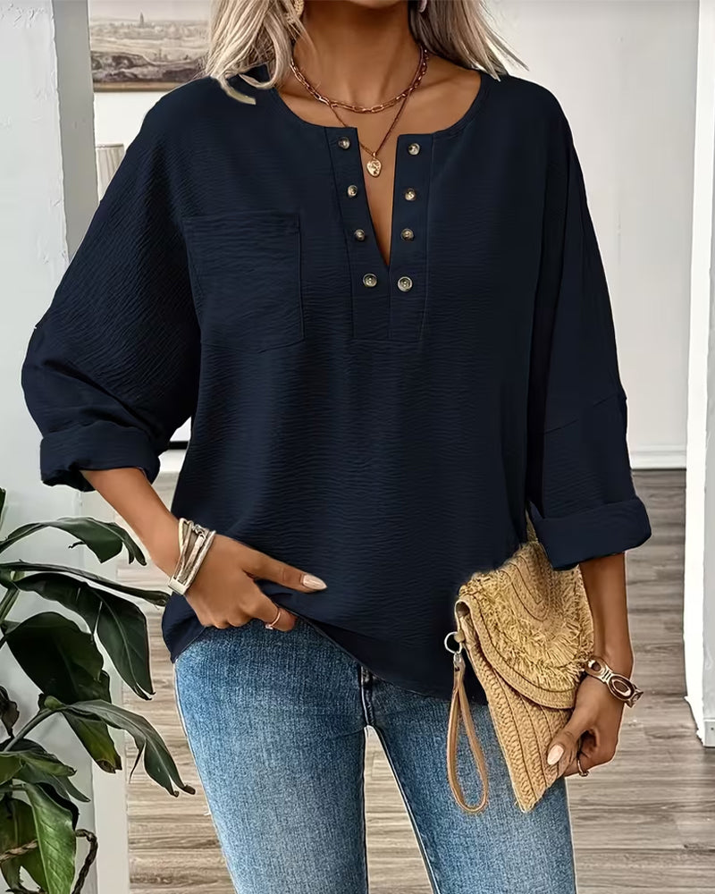 Hemd Knopfdetal Tasche V-Ausschnitt