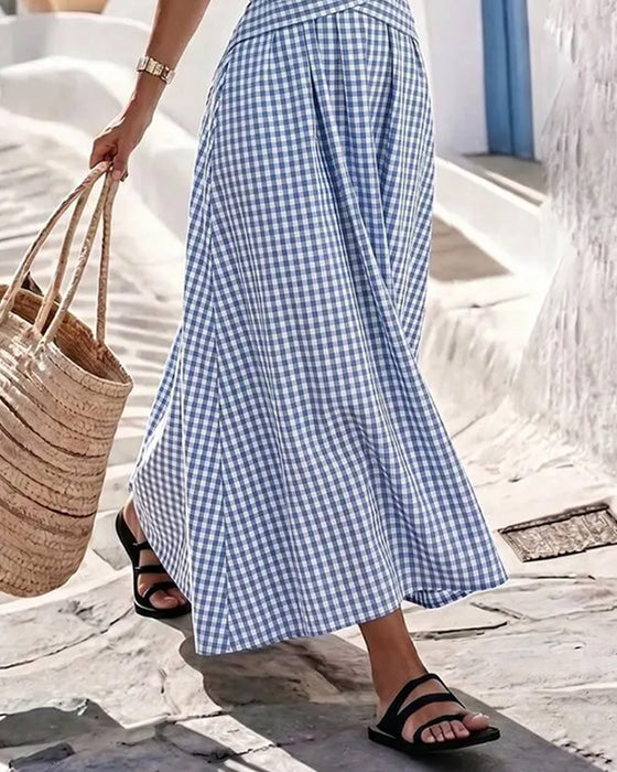 Kleid Rundhals Kreuz Gerafft Karo