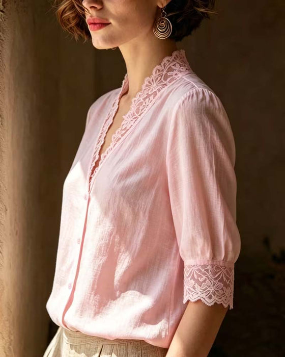 Bluse V-Ausschnitt Spitze Patchwork Uni Dreiviertel Ärmel