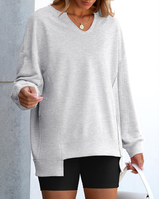 Kleiner V-Ausschnitt, Lässig Weites Langarm Sweatshirt