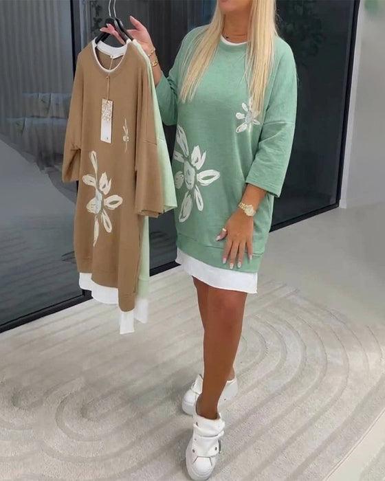 Sweatshirt-Kleid Rundhals bedruckt Patchwork