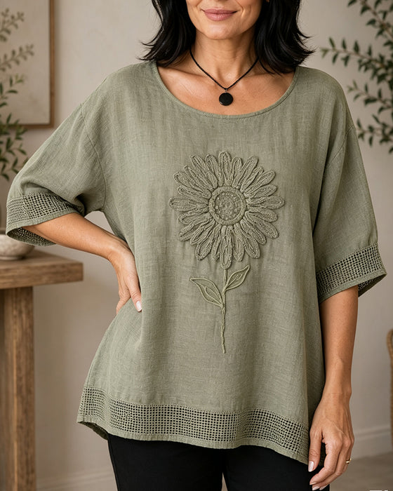 Bluse Sonnenblume Bestickt Locker