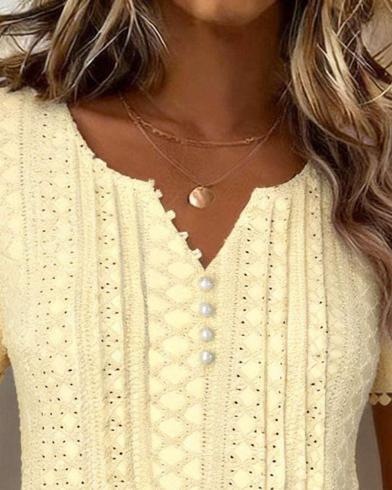 Bluse mit V-Ausschnitt Perlenknöpfe Spitze