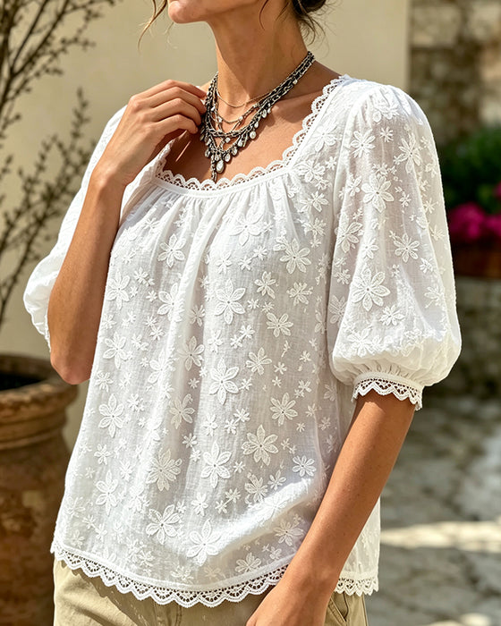 Bluse Mit Viereckigem Ausschnitt Puffärmel Jacquard