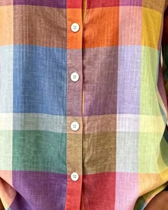 Bluse Bunt Karo Knopf Vorne Locker