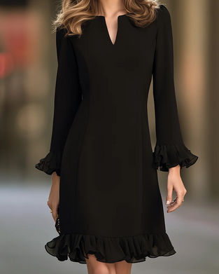 Elegantes Kleid mit V-Ausschnitt, langen Ärmeln und Volantsaum