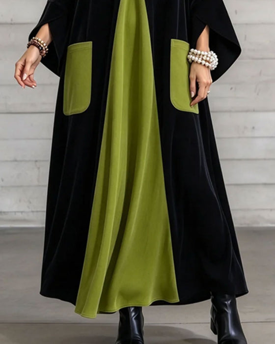 Kleid V-Ausschnitt Farbblock Maxi