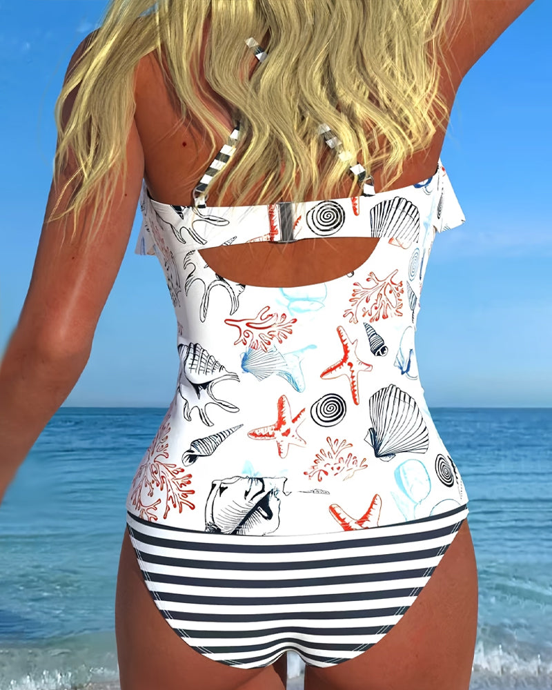 Einteiler Badeanzug Rüschen Streifenprint