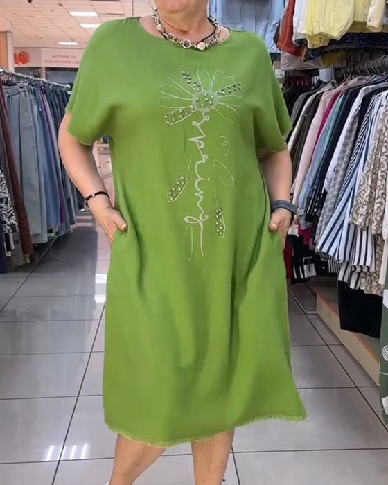 Kleid Rohe Kante Kurzer Ärmel Locker Lässig