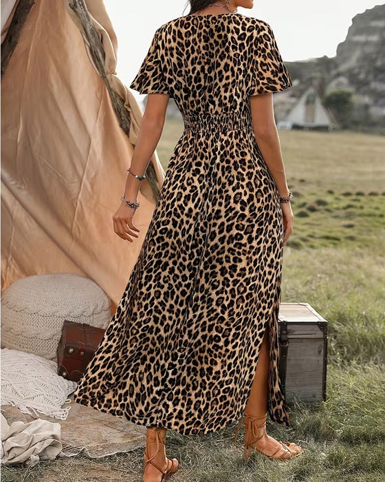 Kleid Leopard V-Ausschnitt Elastische Taille A-Linie