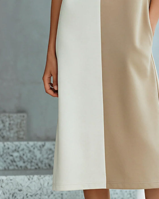 Kleid Color-Block Kurzarm Schlitz Knielang