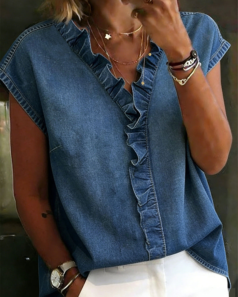 Bluse V-Ausschnitt Rüsche Saum