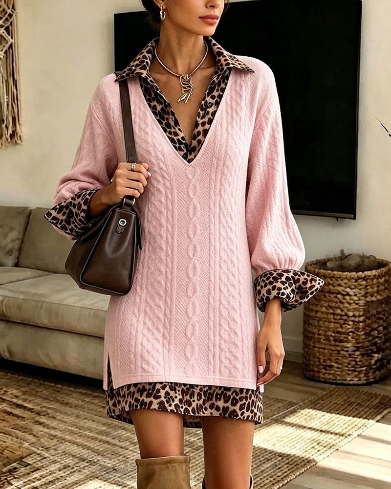 Kleid Revers Leopard Mode Schlitz