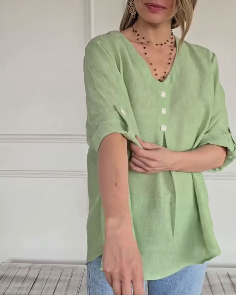 Top Unifarben V-Ausschnitt Locker Casual