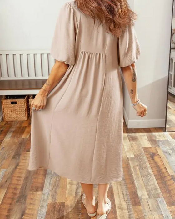 Kleid V-Ausschnitt Klappe Puff Ärmel Maxi